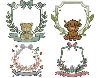 Maskinbroderidesign med rosett och blommig ram, paket med blommig vapensköld, broderi med vintagekrans, vapensköldramar, design i 3+ storlekar, direktnedladdningsbara filer