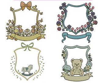 Maskinbroderimönster med bandmonogramram, paket med blommig vapensköld, vintagekrans, vapensköldramar, design i 3+ storlekar, direktnedladdning