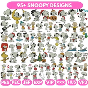 Op de afbeelding: Een afbeelding met meer dan 95 Snoopy-ontwerpen in verschillende poses en outfits. Snoopy wordt afgebeeld met een laptop, op de maan en met een kerstmuts. De tekst "95+ SNOOPY DESIGNS" staat bovenaan.