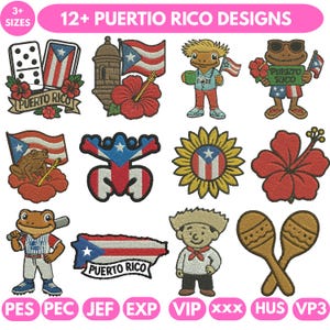 Pode incluir: Uma coleção de designs bordados de Porto Rico, incluindo a bandeira porto-riquenha, um sapo com óculos de sol e um girassol com a estrela da bandeira. Os designs são em várias formas e tamanhos, com o texto "12+ PUERTO RICO DESIGNS".