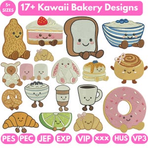 Op de afbeelding: Een collectie van 17+ kawaii borduurontwerpen met een bakkerijthema, met antropomorfe etenswaren zoals een pinda, een stuk taart, brood, een kom havermout, een croissant, een konijn, pannenkoeken, een kaneelbroodje, een krakeling en een roze donut.