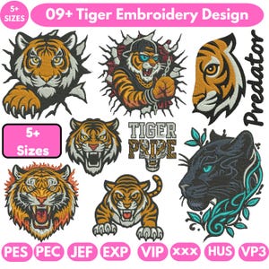 May include: A collection of tiger embroidery designs in various styles, including a tiger face, a tiger breaking through a wall, and a black panther with teal accents. The designs include the text "09+ Tiger Embroidery Design" and "Predator".