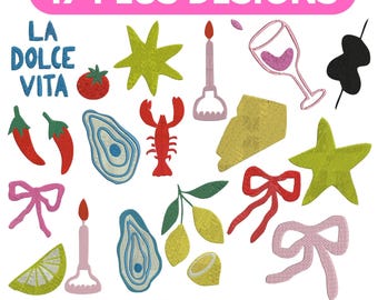 Tiny Coastal Machine Embroidery Design Mini Italian Summer Icons Embroidery Coastal Summer Icons Beach Summer La Dolce Vita 3 Sizes Pes File