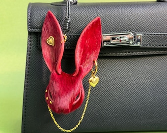 Gothic Burgundy Bunny Bag Charm, Horsehair Leather Purse Charm