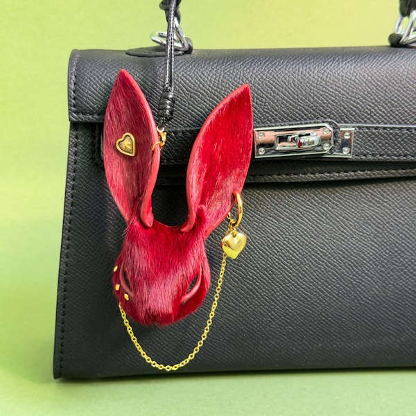 Gothic Burgundy Bunny Bag Charm, Horsehair Leather Purse Charm
