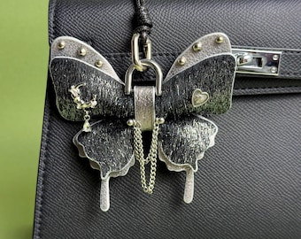 Black Silver Gothic Butterfly Leather Bag Charm, Horsehair & Lambskin Purse Charm, Handmade Handbag Charms