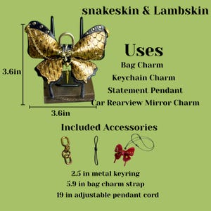 Gold Vintage Gothic Butterfly Leather Bag Charm, Luxury Snakeskin & Lambskin Purse Charm, Handmade Handbag Charms image 4