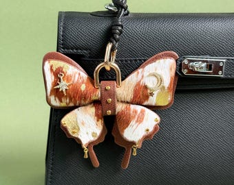Handmade Horsehair Butterfly Bag Charm, Lambskin Leather Purse Accessory