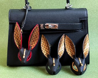 Handmade Leather Rabbit bag charm Keychain: Lambskin, Snakeskin, & Gold-Plated Charm