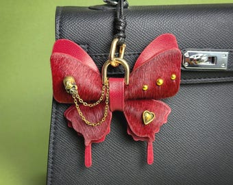 Gothic Burgundy Leather Butterfly Bag Charm, Handmade Horse hair & lambskin Purse Charm,  Handbag charms