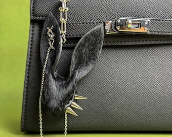 Handmade Gothic Leather Bag Charm, Genuine Horsehair & French Lambskin purse charm, handbag charms