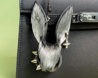 Gothic Silver Horsehair Leather Rabbit Bag Charm, Lambskin Purse Charm, Handmade Luxury Handbag Charms