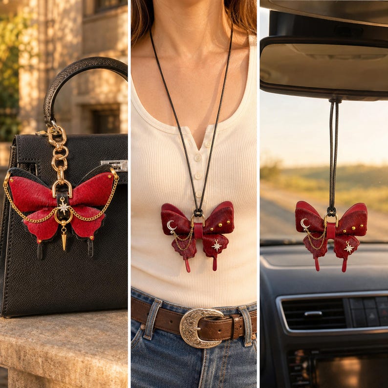 This Burgundy Gothic Vintage Leather Butterfly Bag Charm is a handmade purse charm and handbag charm, crafted from horsehair and lambskin, with gold chain, moon, and star details, also works as a keychain or car mirror pendant.