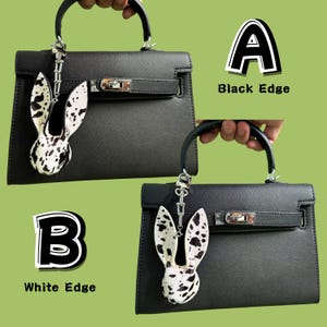 Bunny leather bag charm comparison showing two edge finish options on a black handbag. Option A features a black edge finish, option B features a white edge finish. Handmade horsehair and lambskin purse charm, statement handbag charms with hair-on leather texture for luxury bags.