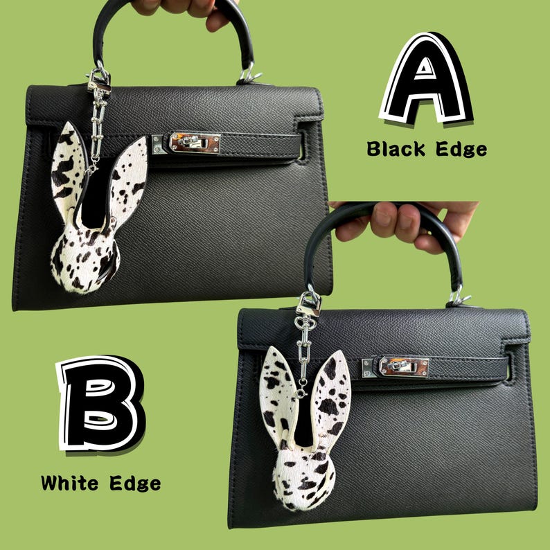 Bunny leather bag charm comparison showing two edge finish options on a black handbag. Option A features a black edge finish, option B features a white edge finish. Handmade horsehair and lambskin purse charm, statement handbag charms with hair-on leather texture for luxury bags.