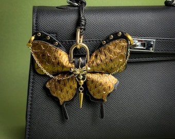 Gold Vintage Gothic Schmetterling Leder Taschenanhänger, Luxus Schlangenleder & Lammleder Geldbörse Charme, Handgemachter Handtaschen Anhänger