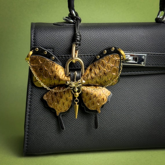 Gold Vintage Gothic Butterfly Leather Bag Charm, Luxury Snakeskin & Lambskin Purse Charm, Handmade Handbag Charms