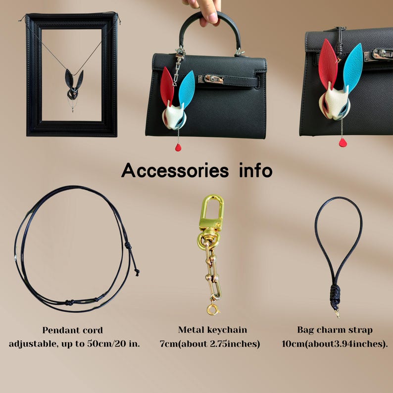 May include: A black framed pendant necklace with a rabbit design, and a black handbag with a rabbit charm. Accessories info: Pendant cord adjustable up to 20 in, metal keychain 2.75 inches, and bag charm strap 3.94 inches.