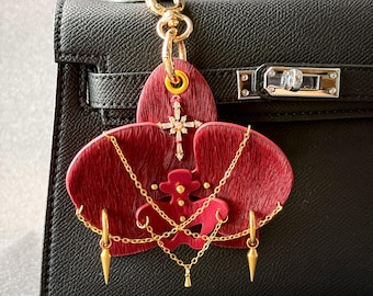 Vintage Gothic Burgundy Orchid Flower Leather Bag Charm, Horsehair Purse Charm, Handmade Handbag Charms