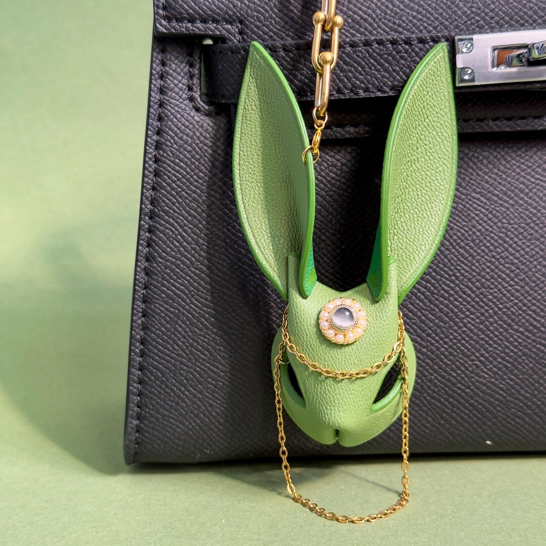 Handmade Bright Green Leather Bunny Bag Charm, Lambskin Purse & Handbag ...