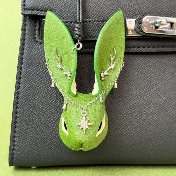 Green Leather Bunny Bag Charm, Horsehair Rabbit Purse Charm, Handmade Handbag Charms