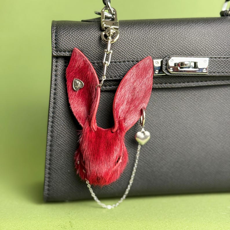 Gothic Burgundy Bunny Bag Charm, Horsehair Leather Purse Charm image 4