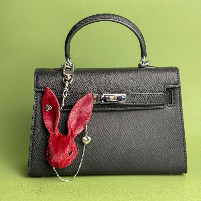 Gothic Burgundy Bunny Bag Charm, Horsehair Leather Purse Charm image 5