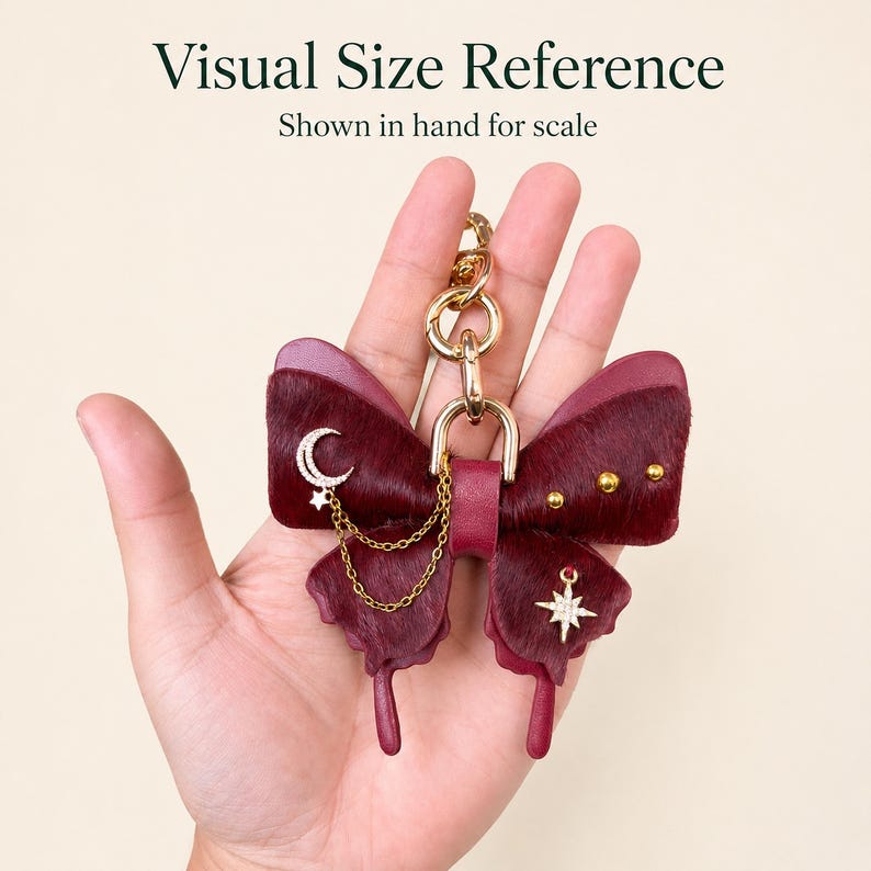 Vinröd vintage gotisk läderfjärilsväska-berlock, handgjord handväska-berlock, handväska-berlocker bild 7