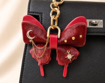 Burgundy Vintage Gothic Leather Butterfly Bag Charm, Handmade Purse Charm, Handbag Charms