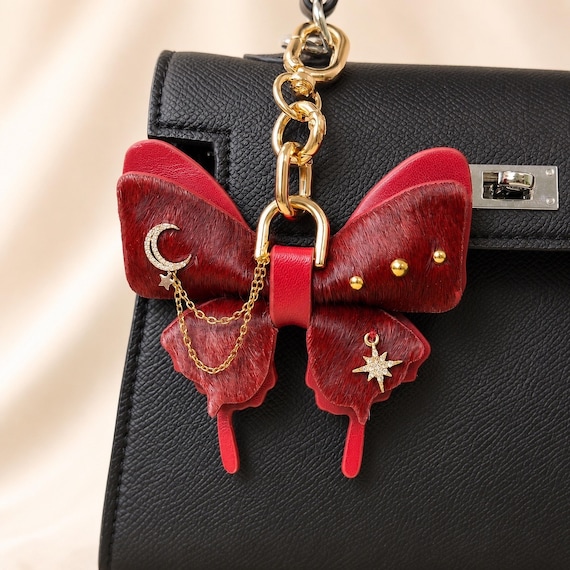 Burgundy Vintage Gothic Leather Butterfly Bag Charm, Handmade Purse Charm, Handbag Charms