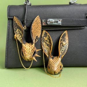 handmade Gold bunny leather bag charm，goth luxury purse charm，snakeskin & lambskin handbag charms