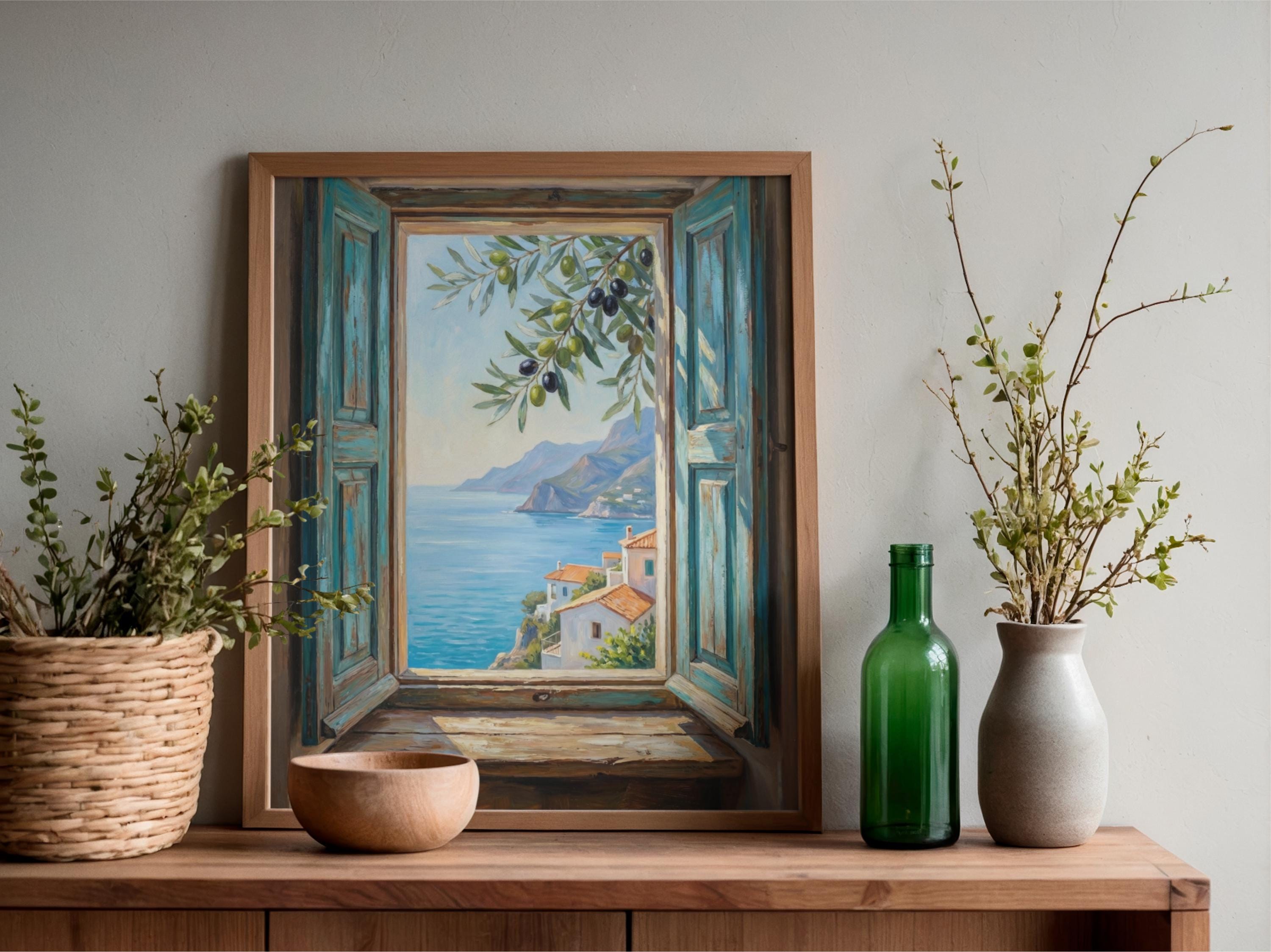 Mediterranean Window View Wall Art • Rustic Vintage Window Painting ...