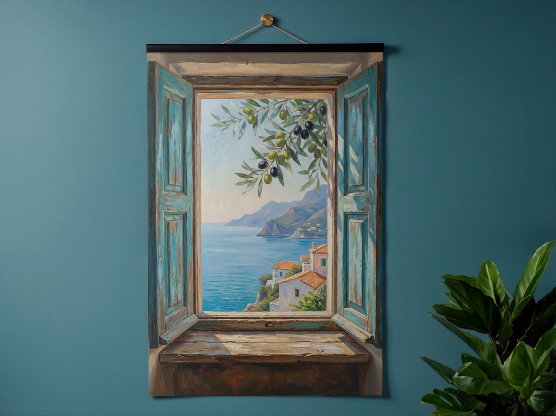 Mediterranean Window View Wall Art • Rustic Vintage Window Painting ...