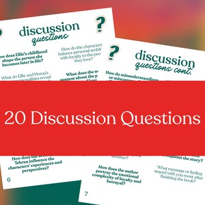 May include: Cards with discussion questions in a teal font, with a red banner reading "20 Discussion Questions." The cards feature questions about a book, with a question mark icon. The background is a gradient of orange, green, and red.