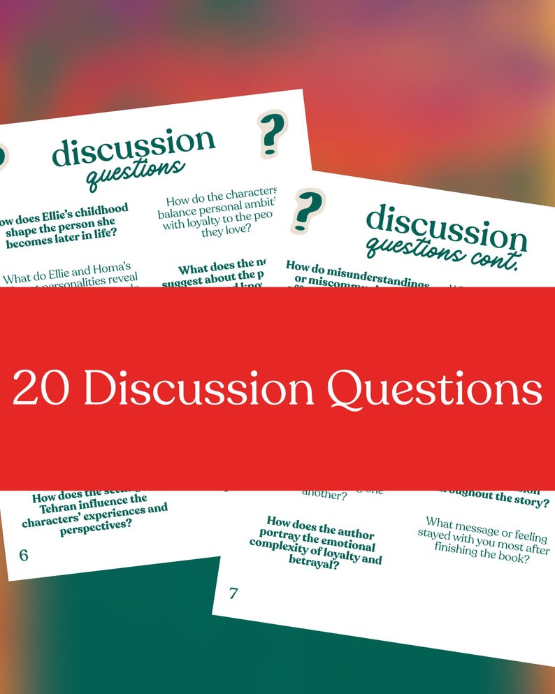 May include: Cards with discussion questions in a teal font, with a red banner reading "20 Discussion Questions." The cards feature questions about a book, with a question mark icon. The background is a gradient of orange, green, and red.