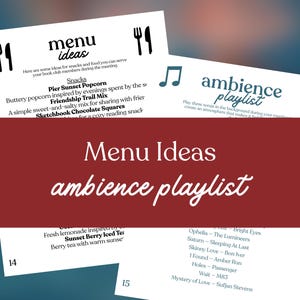 May include: A collection of white paper sheets with menu ideas and a music playlist. The text includes "Menu Ideas" and "ambience playlist" in a cursive font. The menu includes snack ideas like popcorn and trail mix.
