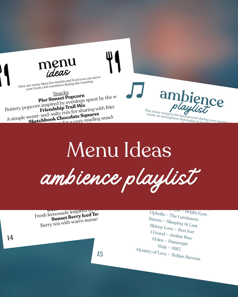 May include: A collection of white paper sheets with menu ideas and a music playlist. The text includes "Menu Ideas" and "ambience playlist" in a cursive font. The menu includes snack ideas like popcorn and trail mix.