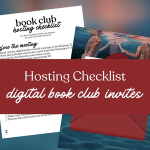 May include: A digital book club invites and hosting checklist. The image features a red envelope, a checklist with the text "book club hosting checklist", and a background with an underwater scene.