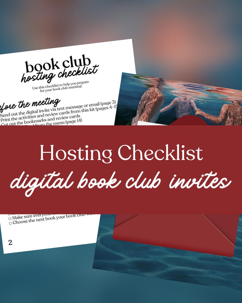 May include: A digital book club invites and hosting checklist. The image features a red envelope, a checklist with the text "book club hosting checklist", and a background with an underwater scene.