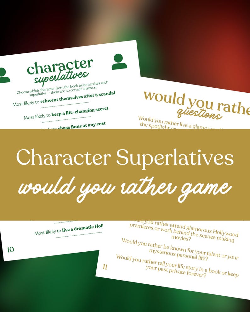 May include: A game set with the text "Character Superlatives would you rather game" in white and green. The game includes cards with questions like "Would you rather live a glamorous life in the spotlight?"