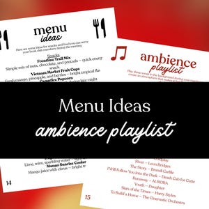 Op de afbeelding: Een grafisch ontwerp met twee witte kaarten met tekst en illustraties. E&eacute;n kaart toont "menu-idee&euml;n" met snacksuggesties. De andere kaart toont een "ambiance playlist" met songtitels. De achtergrond is rood.