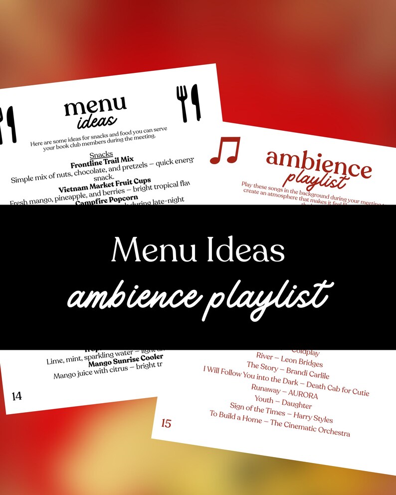Op de afbeelding: Een grafisch ontwerp met twee witte kaarten met tekst en illustraties. E&eacute;n kaart toont "menu-idee&euml;n" met snacksuggesties. De andere kaart toont een "ambiance playlist" met songtitels. De achtergrond is rood.
