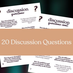 May include: Cards with discussion questions about a book, with the title "20 Discussion Questions." The cards feature questions in a serif font, with a question mark icon. The background is a gradient of dark green and tan.