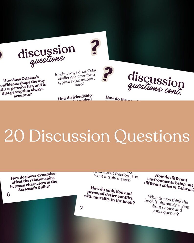 May include: Cards with discussion questions about a book, with the title "20 Discussion Questions." The cards feature questions in a serif font, with a question mark icon. The background is a gradient of dark green and tan.