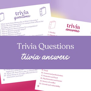 May include: A set of trivia cards with the words "trivia questions" and "trivia answers" in a stylized font. The cards feature questions and answers related to a specific topic, with a purple and pink color scheme.