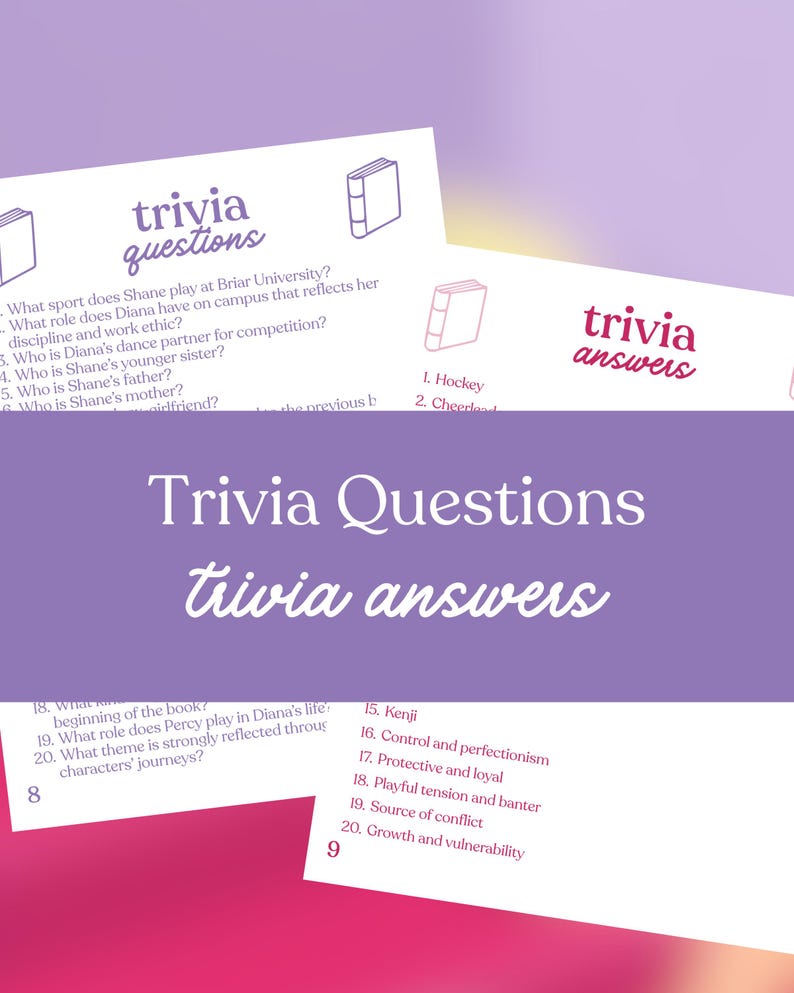 May include: A set of trivia cards with the words "trivia questions" and "trivia answers" in a stylized font. The cards feature questions and answers related to a specific topic, with a purple and pink color scheme.