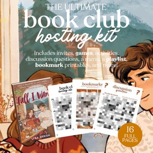 May include: A digital book club hosting kit featuring 16 printable pages including invites, games, activities, discussion questions, a menu, a playlist, and bookmarks. The cover art displays a cozy autumn scene with two people and a book titled Fall I Want.