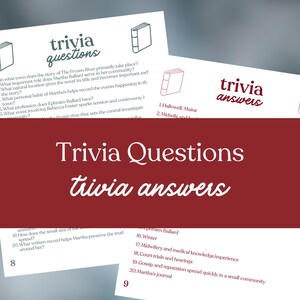 May include: A close-up of trivia questions and answers printed on white cards. The cards feature the text "trivia questions" and "trivia answers" in a handwritten style. The background is a deep red color.