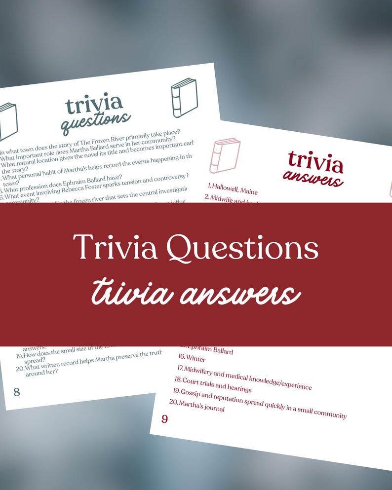 May include: A close-up of trivia questions and answers printed on white cards. The cards feature the text "trivia questions" and "trivia answers" in a handwritten style. The background is a deep red color.