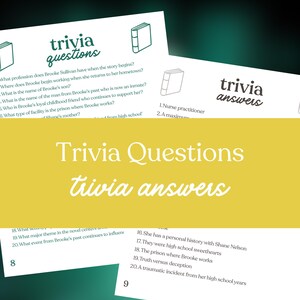 May include: White paper cards with trivia questions and answers. The cards feature the words "trivia questions" and "trivia answers" in a decorative font. The questions and answers are printed in black text. The background is a gradient of green and yellow.